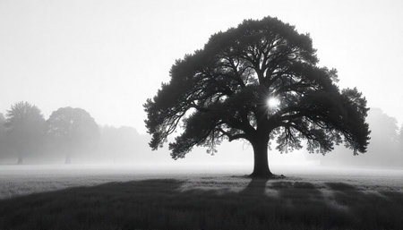 Solitary tree in fog casts long shadow across field