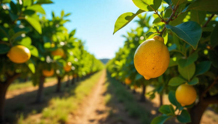 Lemon orchard with ripe lemons and clear blue skyの写真素材