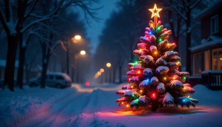 Snowy Christmas tree scene on a winter streetの写真素材