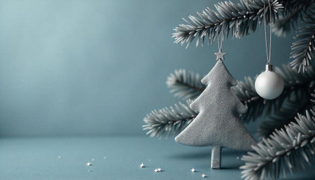 Elegant Christmas Tree Ornaments Against a Pale Blue Backdropの写真素材