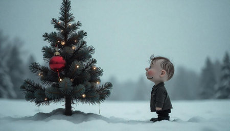 Boy admires lit Christmas tree in a snowy landscapeの写真素材