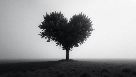 Lone heart-shaped tree standing in a misty field landscapeの写真素材