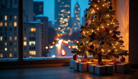 Christmas tree and gifts overlooking a city skyline at nightの写真素材