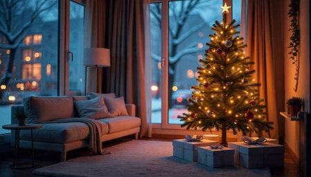 Cozy Christmas scene featuring decorated tree and gifts indoorsの写真素材