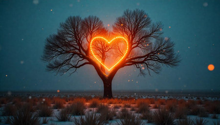 Bare tree with heart-shaped lights in snowy landscapeの写真素材