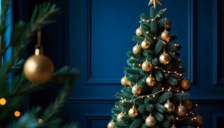 Elegant Christmas tree with golden ornaments and festive lightsの写真素材