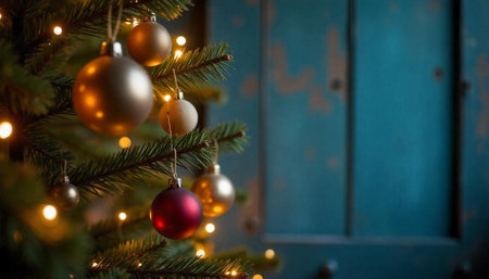 Christmas tree ornaments with blurred wooden door in backgroundの写真素材