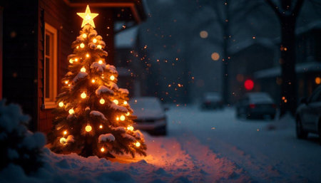 Festive Christmas Tree Shining Brightly in a Snowy Sceneの写真素材