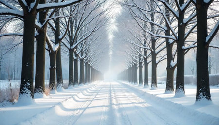 Snow covered tree lane during winter season landscapeの写真素材