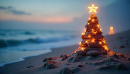 Festive Christmas tree made of sand on beach at dusk