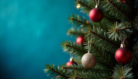 Festive Christmas tree with ornaments against a blue background