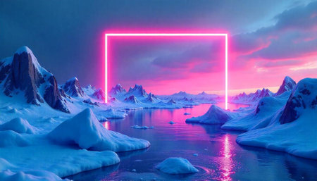 Neon Frame over a Snowy Mountain Landscape Reflectionの写真素材