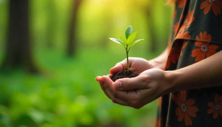 Holding a small plant seedling in a lush environmentの写真素材