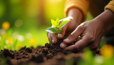 Person planting seedling in soil under golden sunlightの写真素材