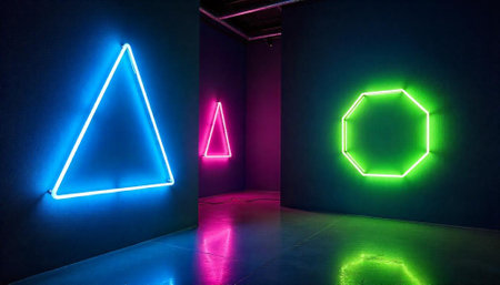 Geometric neon shapes light up modern art gallery spaceの写真素材