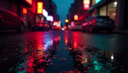 City street reflection at night illuminated by vibrant neon lights