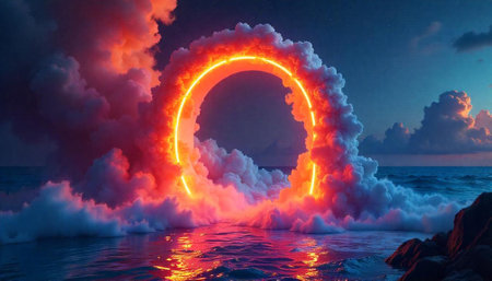 Neon Portal Surrounded by Clouds Above the Ocean