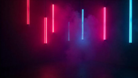 Illuminated neon tubes arranged in rows, colorful backgroundの写真素材