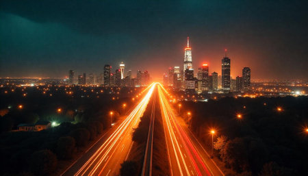 Highway to city at night long exposure photographyの写真素材