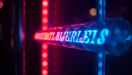 Bright neon sign with red and blue illumination display