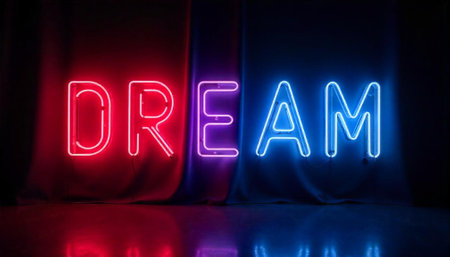 Brightly illuminated neon dream sign against a dark background