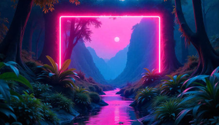 Neon frame river scene in a dark mysterious forestの写真素材