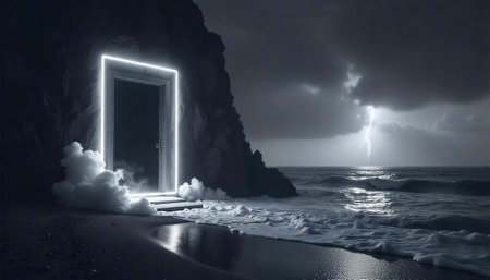 Surreal ocean scene with glowing doorway in rocky cliffの写真素材