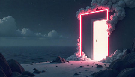 Mystical portal neon doorway on a surreal seascape