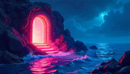 Neon doorway to another world on a rocky coastlineの写真素材