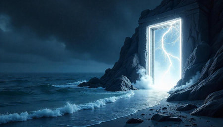 Mystical doorway on a rocky beach with a lightning stormの写真素材