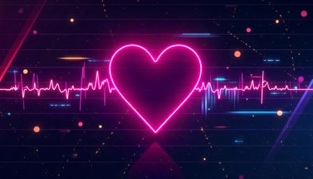 Glowing neon heart with heartbeat line abstract background design