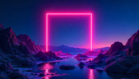 Futuristic landscape with neon square and star-filled night skyの写真素材
