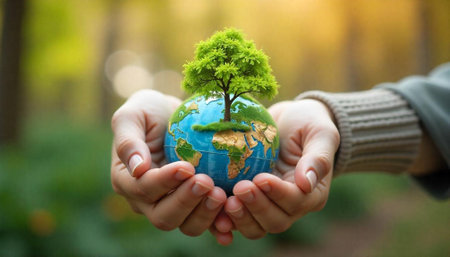Hands holding earth globe with growing tree symbolizing environmentの写真素材