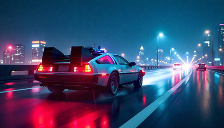 Futuristic silver sports car driving through neon city lightsの写真素材