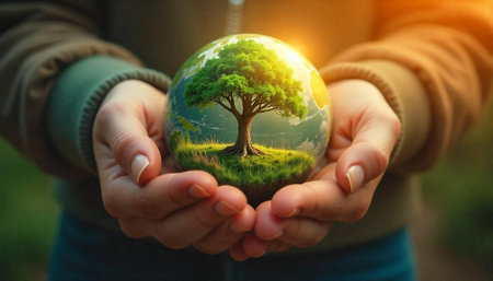 Hands holding globe with tree depicting environmental conservationの写真素材