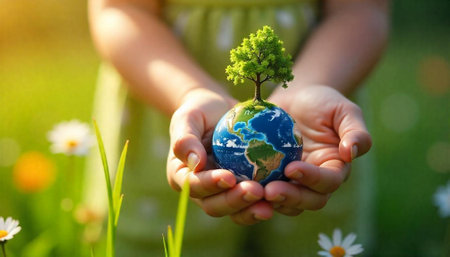 Child hands holding planet Earth with a tree growingの写真素材