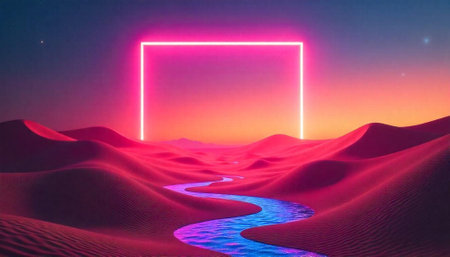 Neon gateway over a dreamlike desert landscape with riverの写真素材