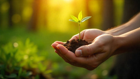 Hands holding a small plant growing in soilの写真素材