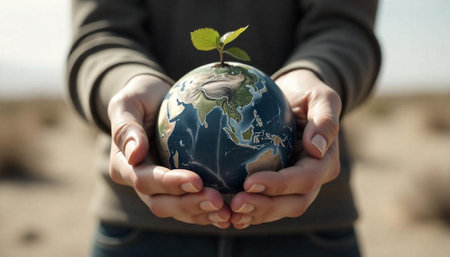 Hands holding globe with seedling symbolizing environmental care and growth