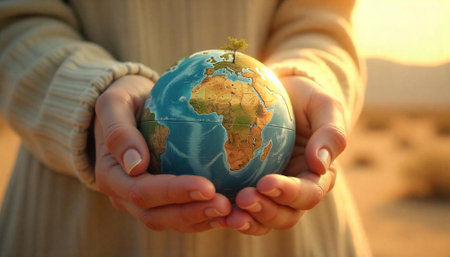 Hands holding a small globe with tree on top