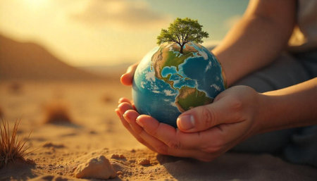 Hands holding globe with growing tree illustrating climate change