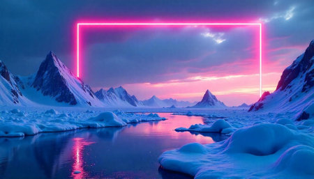 Futuristic Arctic landscape with neon frame at sunset