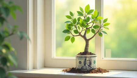 Money tree growing in currency pot by window