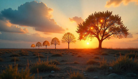 Serene Sunset Landscape with Trees Silhouette and Golden Lightの写真素材