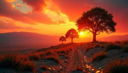 Golden Sunset Landscape with Trees and Grassy Hillsideの写真素材