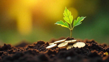 New sprout growing from pile of coins in soilの写真素材