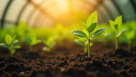 Young seedlings emerging from rich soil under sunlight in greenhouseの写真素材