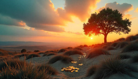 Golden pathway leading to tree on the horizon at sunsetの写真素材