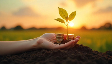 Hand holding coins with growing plant during sunsetの写真素材