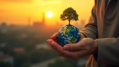 Hands holding Earth with tree against sunset backdropの写真素材
